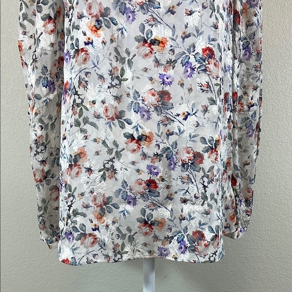 Rebecca Taylor Sheer Floral Long Sleeve Blouse with Key Hole Front 4 - Picture 4 of 8